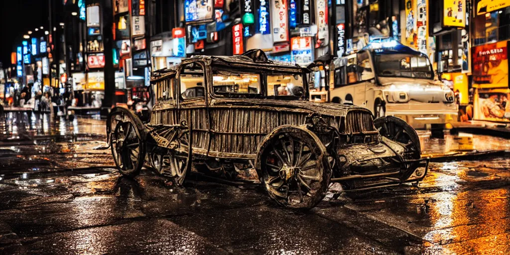 Prompt: close up macro shot of a roman charriot on wet tokyo street at night, intricate, hyper detailed, smooth, dramatic lighting, cinematic