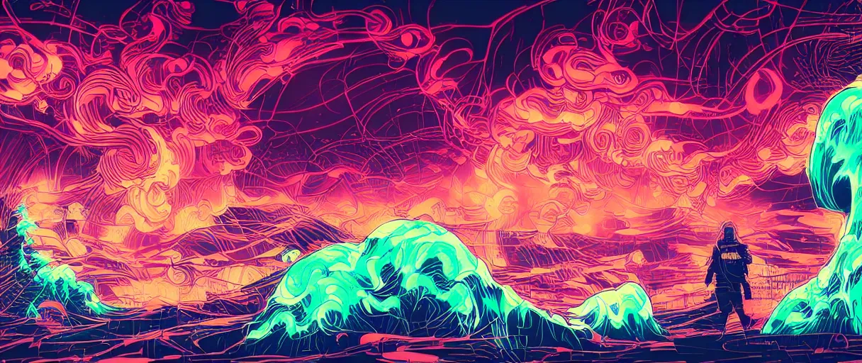 Prompt: great wave, cyberpunk, neon, dramatic lighting style of Laurie Greasley and Satoshi Kon + symmetric lights and smoke, psychedelic effects, glowing particles, neon rain, comic