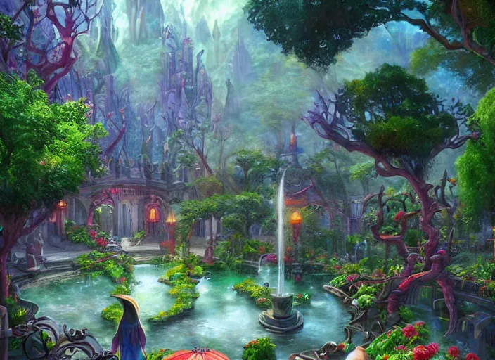 Image similar to A wide open courtyard in a beautiful, colorful elven city made of ivory, saturated colors, no haze, anime, lush trees, fountain, a fantasy digital painting by James Gurney, trending on Artstation, highly detailed