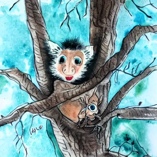 Prompt: an aye - aye in a tree. watercolour and ink