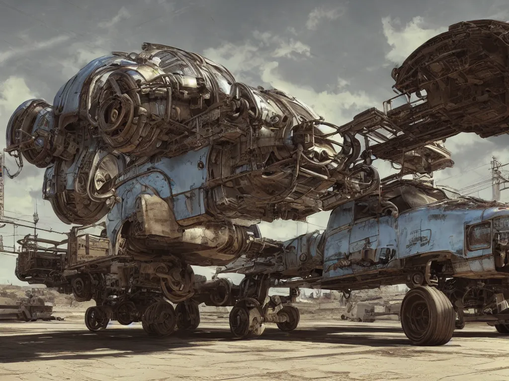 Prompt: in the American southwest, professional publicity photo of a clunky futuristic industrial vehicle with greebles, chipped paint weathered with rust and symmetrical tyres; photorealistic portrait Lomography by Syd Mead; hyper realistic octane render, 8k post processing is very detailed, moody lighting, Maya+V-Ray +metal art+ extremely detailed, beautiful, unreal engine, ambient occlusion, subsurface scatter, metallic surfaces, radiosity, trending on Artstation