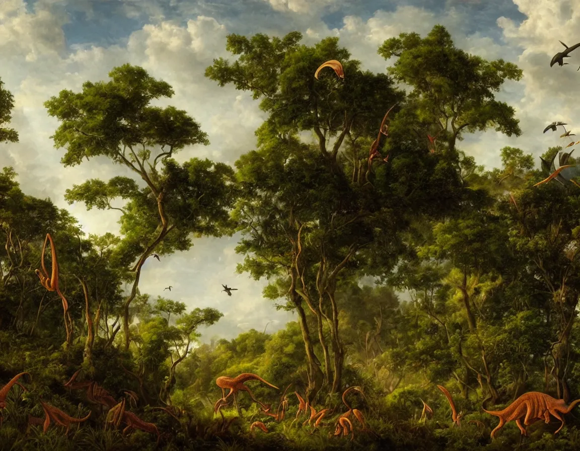 Prompt: a scene of the jurassic era, with extinct plants and tropical rain forests. a dark sky is looming above. pteradactyls are seen flying in the sky. herds of dinos are seen in the grassy fields. in the style of hudson river school of art, oil on canvas