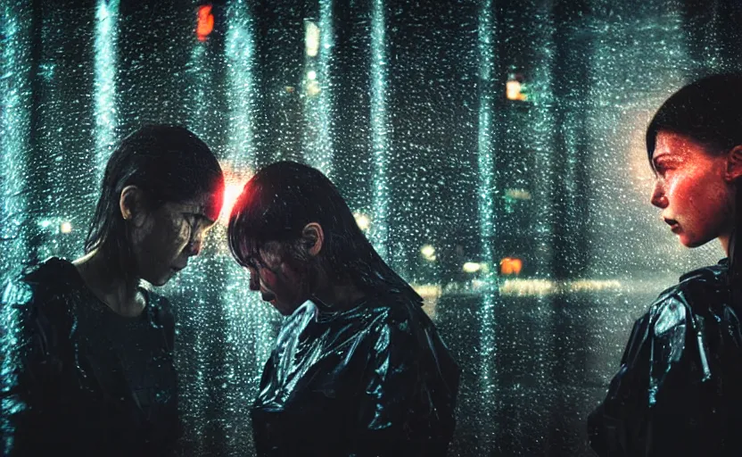 Image similar to cinestill 5 0 d candid photographic portrait by steve mccurry of two loving female androids sobbing wearing rugged black mesh techwear in treacherous waters, flooded city, medium closeup, retrofuturism cyberpunk moody emotional cinematic, pouring iridescent rain bright spotlight helicopter, 8 k, hd, high resolution, 3 5 mm, f / 3 2, ultra realistic faces, ex machina