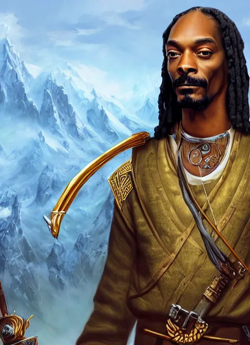 Image similar to snoop dogg as an archer, short beard, grumpy, Ivan Aivakovsky, Boris Vallejo, epic fantasy character art, D&D Concept Art, magic the gathering art, full length, ultra Realistic, Regal, Refined, Detailed Digital Art, Exquisite detail, post-processing, masterpiece, Cinematic Lighting, Unreal Engine, 8k, HD