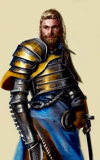 Prompt: highly detailed concept art of a rugged young knight with blonde hair and blue eyes and a short beard wearing a blue shirt over chain mail and steel pauldrons and a yellow cape and leather boots, concept art by Greg Rutkowski, realistic, masterpiece, ArtStation