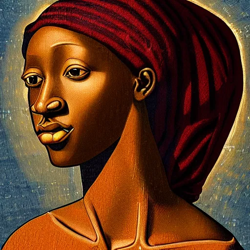 Image similar to fresco of an African woman, realistic, correct details, cosmic dynamic lighting, symmetrical face, accurate face, in the style of renaissance Michelangelo