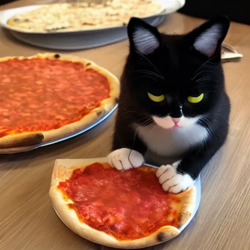 Image similar to a cat named shadow eating pizza