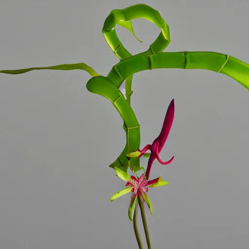 Image similar to studio photograph of a thin green vine creature with vine limbs and a pink blooming flower bulb with many sharp teeth