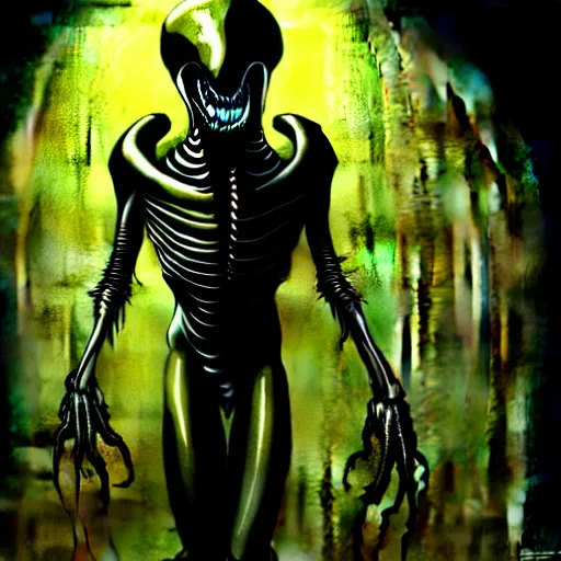 Image similar to black glossy xenomorph, alien movie, endless empty office building, pale yellow wallpaper, moist brown carpet, dim fluorescent lighting, artstation, ultra detailed, creepy, dramatic lighting, photorealistic, art by h. r. giger