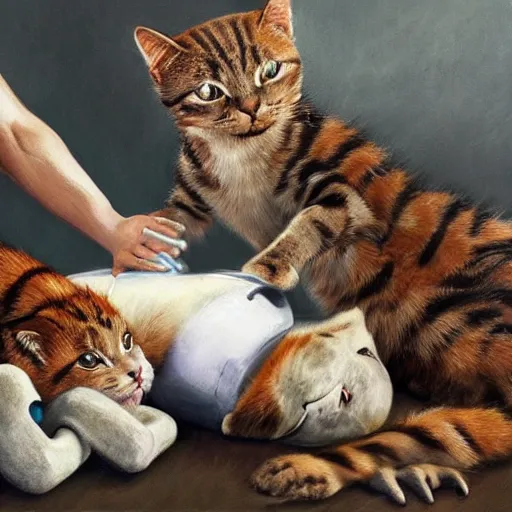 Prompt: a team of anthropomorphic cats performing resuscitation, oil painting, extremely detailed