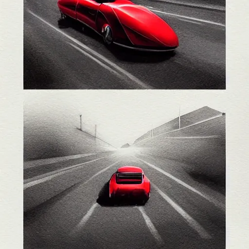 Image similar to man with a red jacket on a old highway walking toward a red futuristic racing motorbike, isometric view from behind, ink drawing, wide angle, ultra realistic, intricate details, ultra detailed, sharp focus, trending on artstation, art by artgerm and greg rutkowski