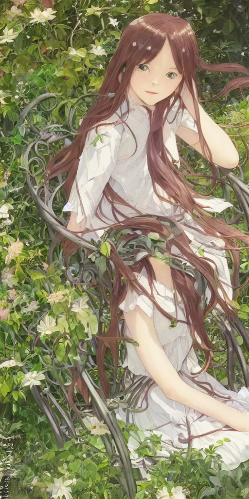 Prompt: a close up of a loli with long hair in a dress sitting on a metal garden chair in the privet garden at afternoon, green and warm theme, back lighting, by krenz cushart and mucha and akihito yoshida and greg rutkowski and makoto shinkai and studio ghibli, detailed eyes, 4 k resolution, trending on art station