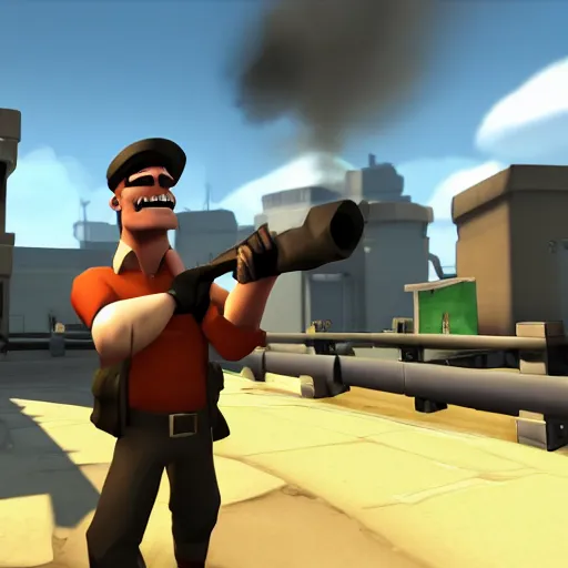 Image similar to Team Fortress 2 screenshot with Heavy eating Scout while Medic laughs