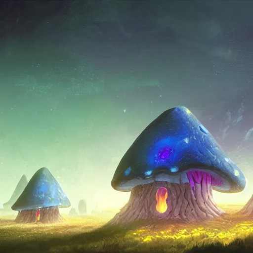 Image similar to concept art painting of a fantasy alien nighttime landscape of houses made of mushrooms, with glowing blue lights, dark purple sky, realistic, detailed, cel shaded, in the style of makoto shinkai and greg rutkowski and albert bierstadt and james gurney