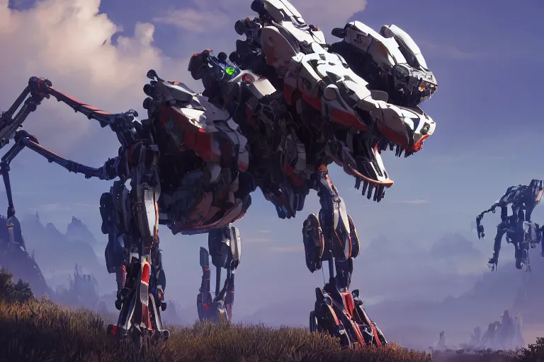 Image similar to longleg machine mecha animal beast robot of horizon forbidden west horizon zero dawn bioluminiscence global illumination ray tracing hdr fanart arstation by sung choi and eric pfeiffer and gabriel garza and casper konefal