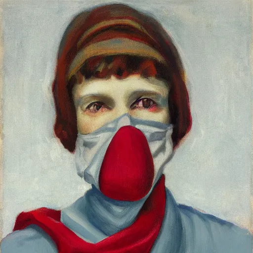 Prompt: portrait in the style of american realism ( 1 9 2 3 ), scarf covering mouth, vermilion, titanium white, and indigo