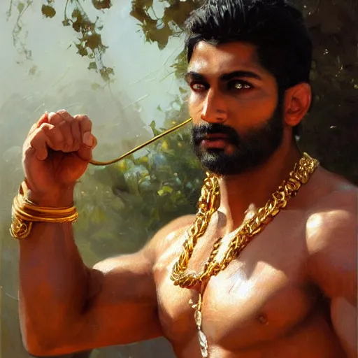 Image similar to detailed realistic cinematic wide shot of beautiful attractive muscular indian man with gold chain wearing blue bath robe slim face symettrical face clean skin black eyes black robe smooth, sharp focus, ultra realistic, spring light, painting by gaston bussiere, craig mullins, j. c. leyendecker