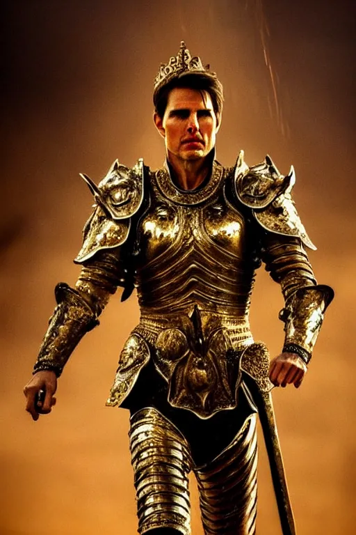 Prompt: Tom Cruise at the king in the desert, beautiful face, gold crown, fighting in a dark scene, eyes, detailed scene, standing in a heroic figure, Armour and Crown, highly detailed, blood and dust in the air, action scene, cinematic lighting, dramatic lighting, trending on artstation, elegant, intricate, character design, motion and action and tragedy, fantasy, D&D, highly detailed, digital painting, concept art