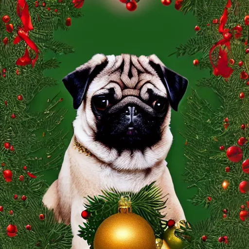 Prompt: christmas card, pug black infront of leg, high beauty vine, artstation, ample lighting, flower mosaic, dna, intense fantasy