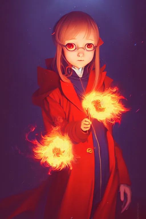 Prompt: a portrait of a cute young female wizard wearing a very stylish coat and holding a fireball, embers flying, urban fantasy setting, narrow street, vivid colors, warm lighting, atmospheric, cinematic, moody, in the style of Ilya Kuvshinov and Range Murata, Krenz Cushart, oil on canvas, 8k