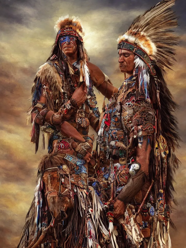 Prompt: American Indian warrior, stands looking at his horse, sacred feathers adorn, in a valley of quartz crystals, camp fire glows, hyper realistic, dystopian, solarpunk, steampunk, Mayan gods, realism, scifi magic imagery, best algorithm, digital cinema camera, cooke lens feel, wide angle, 3D modelling, digital art, art by artgerm