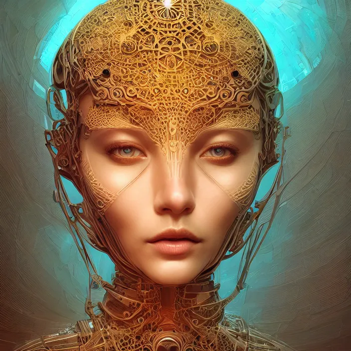 Image similar to beautiful symmetrical face portrait android woman time machine axonometric mechanical fantasy intricate elegant highly detailed in volumetric void of latent space lush flowers intricate jewellery, realm of the gods golden turquoise steampunk, axonometric high contrast cinematic light, mystical shadows, digital painting, sharp focus, octane render, photographic, concept art, artist leonardo davinci, unreal engine 8 k