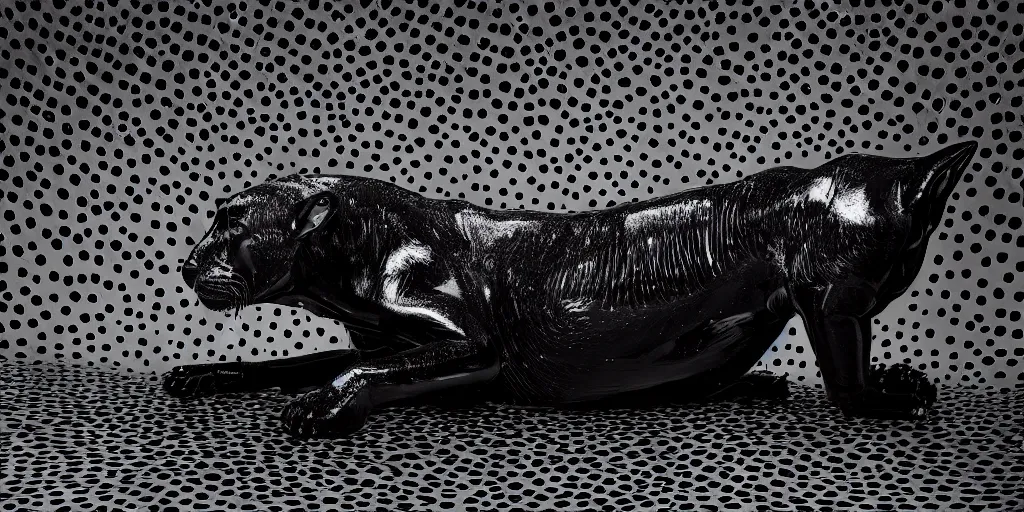 Image similar to the smooth black jaguar, made of ferrofluid, laying on the couch in the living room, covered with ferrofluid. photography, dslr, rimlight, wrinkles, reflections, black goo