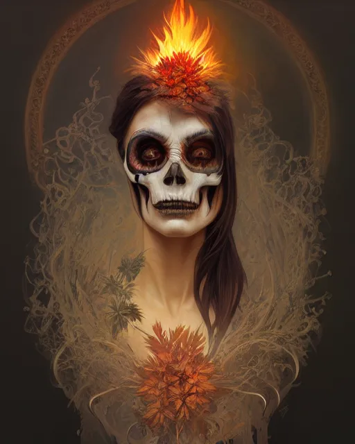 Image similar to portrait of grim reaper, burning face, upper body, decorated with cannabis flowers, intricate, elegant, highly detailed, digital painting, artstation, concept art, smooth, sharp focus, illustration, art by artgerm and greg rutkowski and alphonse mucha, 8 k