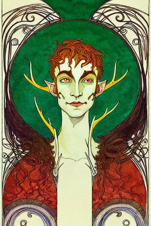 Image similar to a detailed portrait of an attractive elf man with red hair and green eyes in the center of an ornate antler frame, art by kay nielsen and walter crane, illustration style, watercolor