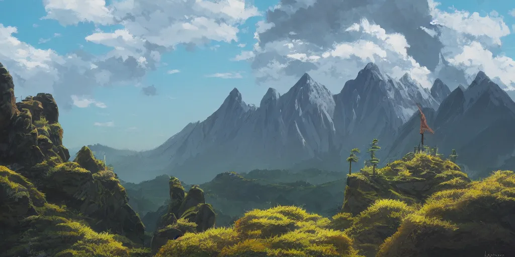 Prompt: a mountain, cinematic angle, studio Ghibli, cinematic lighting, detailed oil painting, hyperrealistic, 8k