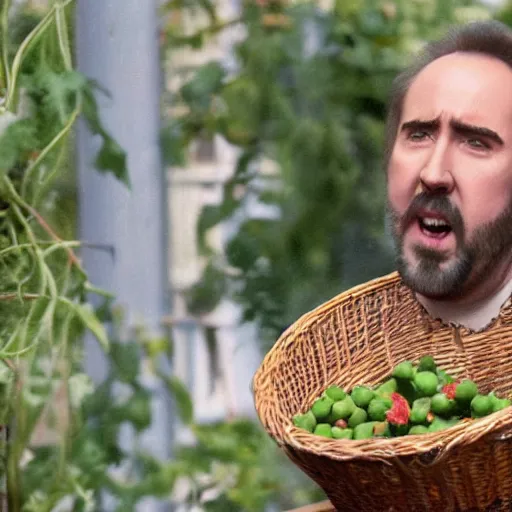 Image similar to nicolas cage with a wicker basket over head screaming with a mouth full of peas