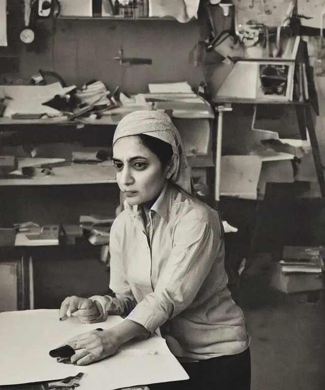 Prompt: a color photograph of zarin salahi in her workplace, by thomas ruff, out of place, intense, bold, hyperrealistic, ultra sharp, extra details, ultra high quality, trending on pinteresst