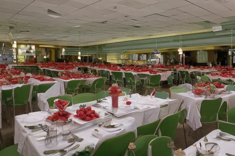 Prompt: 2 0 1 2 watermelon new jersey diner, tables repeat endlessly into the horizon, fruitcore, one point perspective, scene from a kiyoshi kurosawa movie