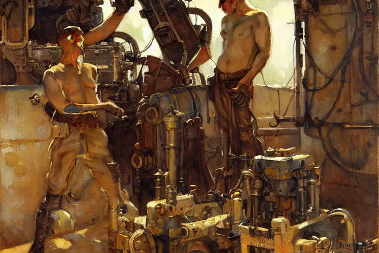 Prompt: male repairing machine, dieselpunk, painting by gaston bussiere, craig mullins, j. c. leyendecker, tom of finland