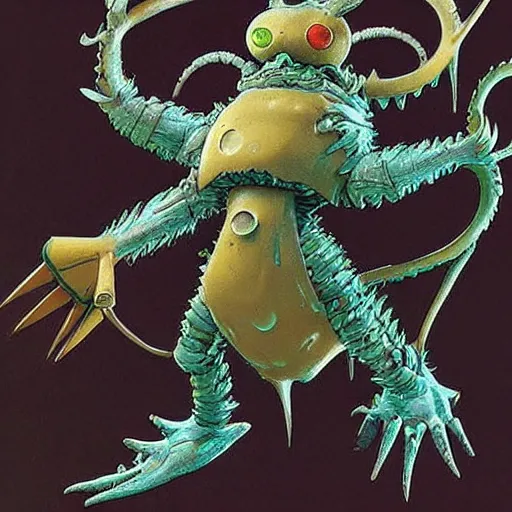 Prompt: maggot digimon yugioh creature by shaun tan, style of yoshitaka amano