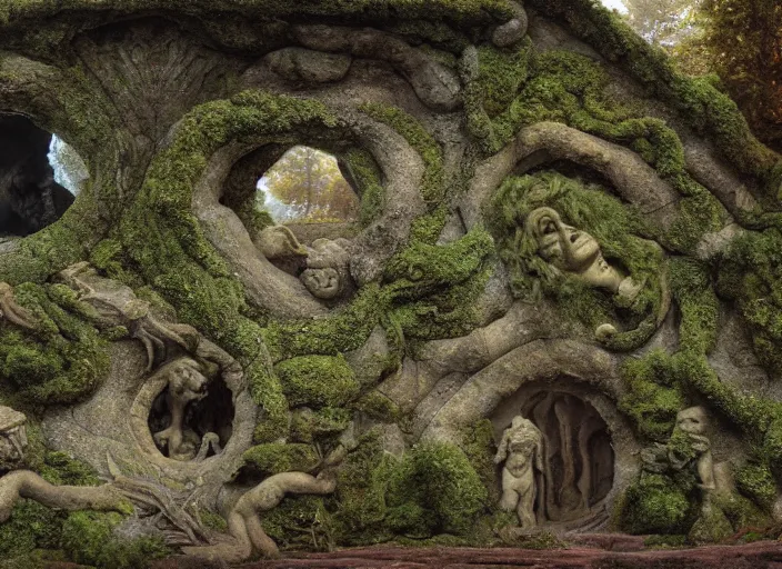 Image similar to jim henson's labyrinth. carved stone overgrown with moss. stonewalls creatures, plants, and social situations will be easier. by edgar maxence and caravaggio and michael whelan and delacroix style, artistic, intricate painting, cinematic lighting, hyper realistic, extremely detailed, 8 k resolution, establishing shot, dramatic lighting