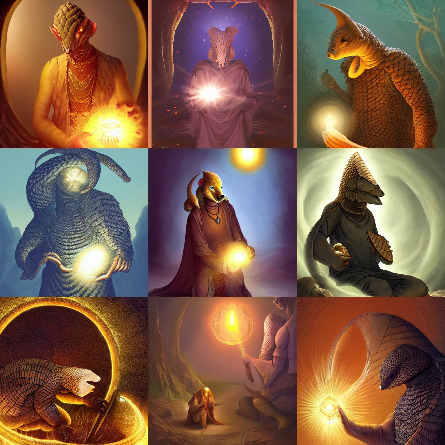 Prompt: A pangolin priest channeling a spell of light. Fantasy, digital art, HD, detailed.