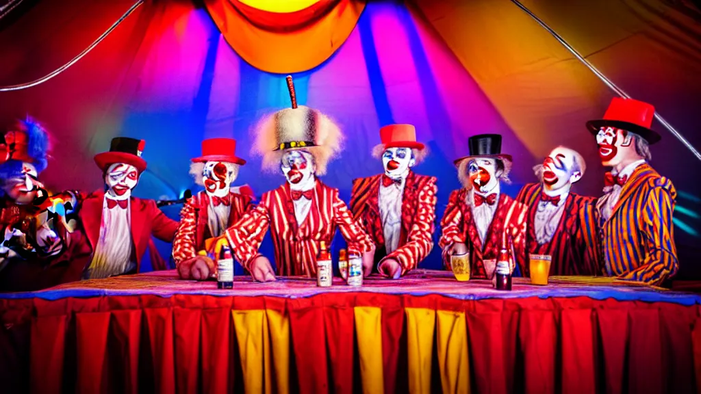 Image similar to of a gang of circus clowns, drinking alcohol, inside a circus tent, 4K