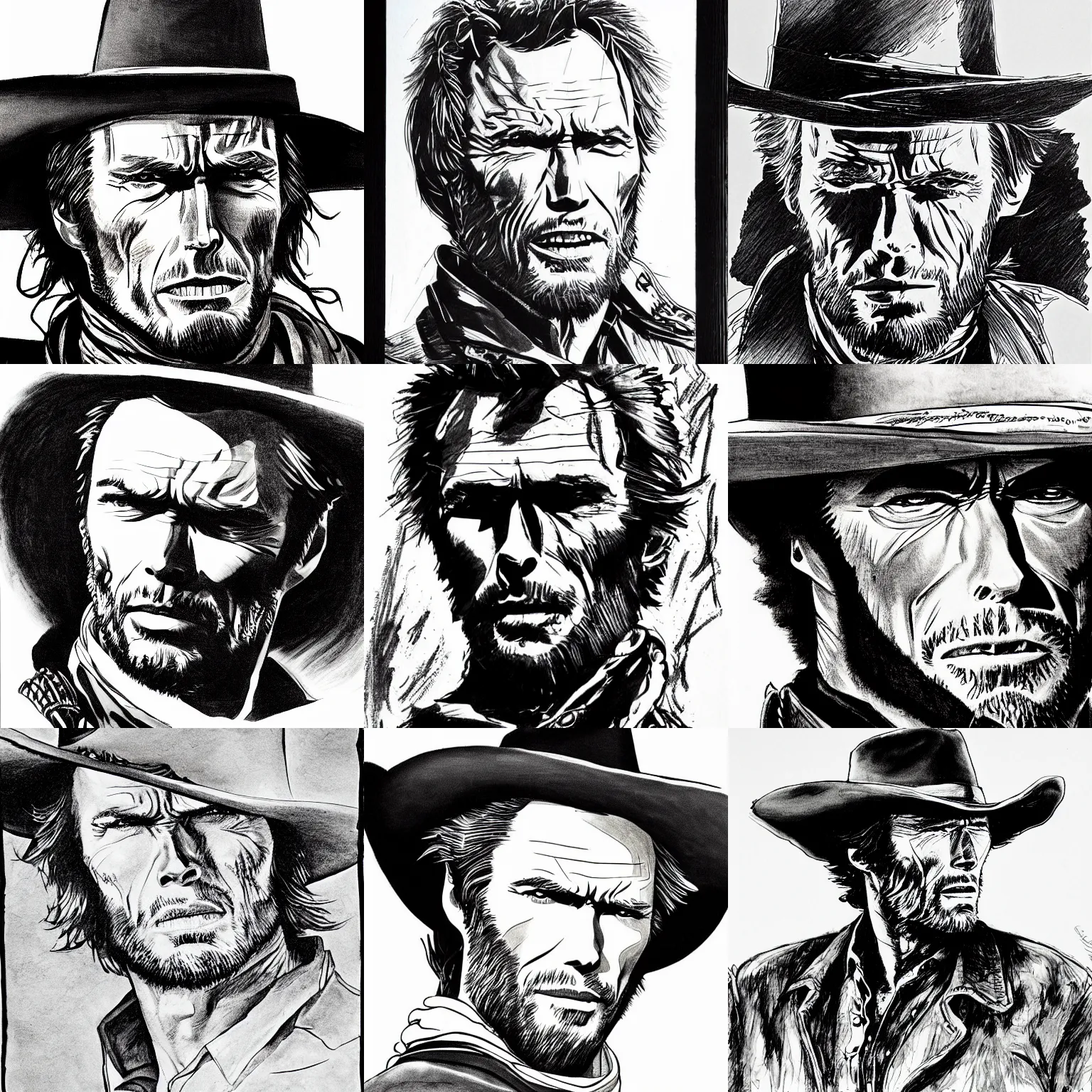 Prompt: Clint Eastwood. A Fistful Of Dollars. Western. Highly Detailed. Pen and Ink. Portrait. Monochrome
