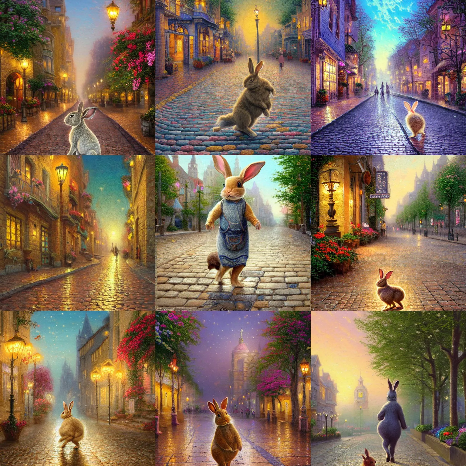 Prompt: a beautiful painting of a rabbit walking on his back legs on a street paved with cobblestones and warm streetlights in a magical art nouveau city with many flowers and trees, highly detailed, smooth, sharp focus, intricate, fantasy, trending on artstation, elegant, by Thomas Kinkade