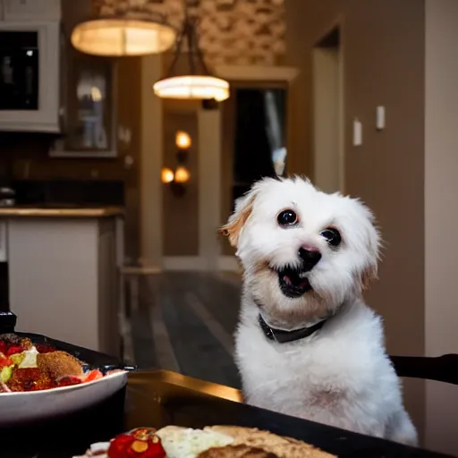 Image similar to a cute dog stares longingly at dinner, photo