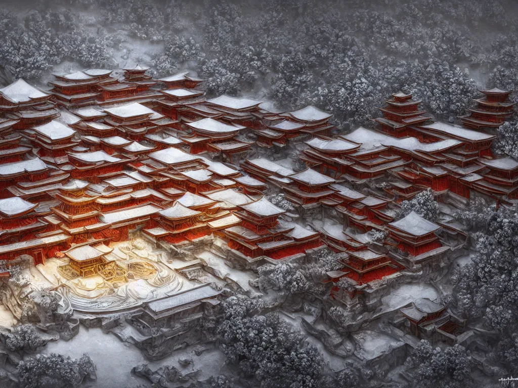 Image similar to shaolin monastery on snowy mountain, concept art, digital art, neon, 8 k, sad, yin yang, incandescent, cinematic lighting, ray tracing ambient occlusion, in a symbolic and meaningful style, insanely detailed and intricate, hypermaximalist, elegant, ornate, hyper realistic, super detailed