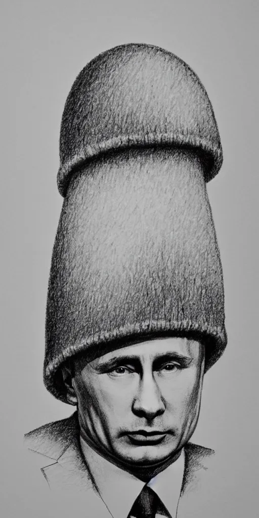 Image similar to vladimir putin wearing a nuclear mushroom cloud blast for a hat, cartoonish, ultra detailed pencil drawing