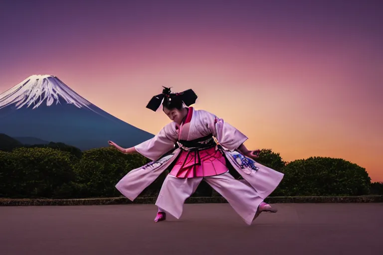 Image similar to beautiful photo of a geisha samurai warrior, mt fuji in the background, mid action swing, muted pastels, action photography, 1 / 1 2 5 shutter speed, back lit lighting