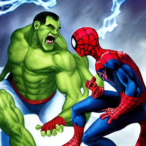 Image similar to spiderman and the halk fighting each other in the pool