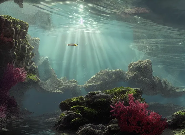 Image similar to an underwater landscape painted by, mc escher, gordon onslow ford, georgia o'keeffe and ippolito caffi, cinematic light, god rays, unreal engine, zbrush central,