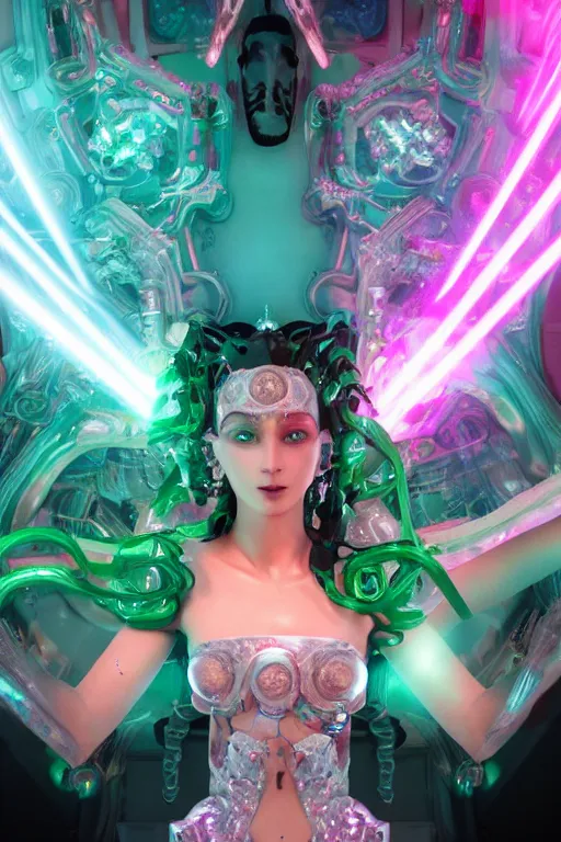 Prompt: full-body rococo and cyberpunk style crystal quartz sculpture of a young handsome seductive Puerto Rican android gogo reaching for the sky, glowing pink laser eyes, crown of white gears and diamonds, swirling green-colored silk fabric. futuristic elements. full-length view. intricate artwork by caravaggio. Trending on artstation, octane render, cinematic lighting from the right, hyper realism, octane render, 8k, depth of field, 3D