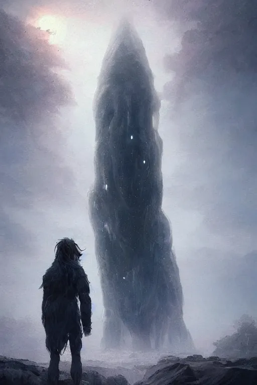 Image similar to a tall looming humanoid beast towers over a tiny human. at dawn, ethereal fantasy art by greg rutkowski