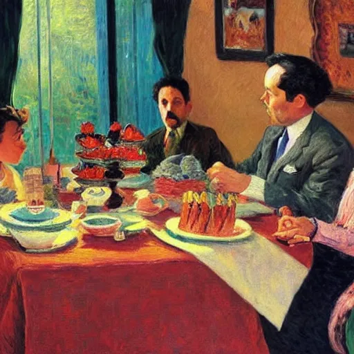 Image similar to seinfeld fancy tea party, digital art, illustration, highly detailed, warm color scheme, soft lighting, sharp focus, gustave caillebotte, pyotr konchalovsky