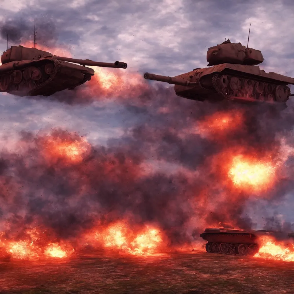 Image similar to world war 2 tank on the battlefield, fiery explosion, wispy smoke, wide shot, unreal engine